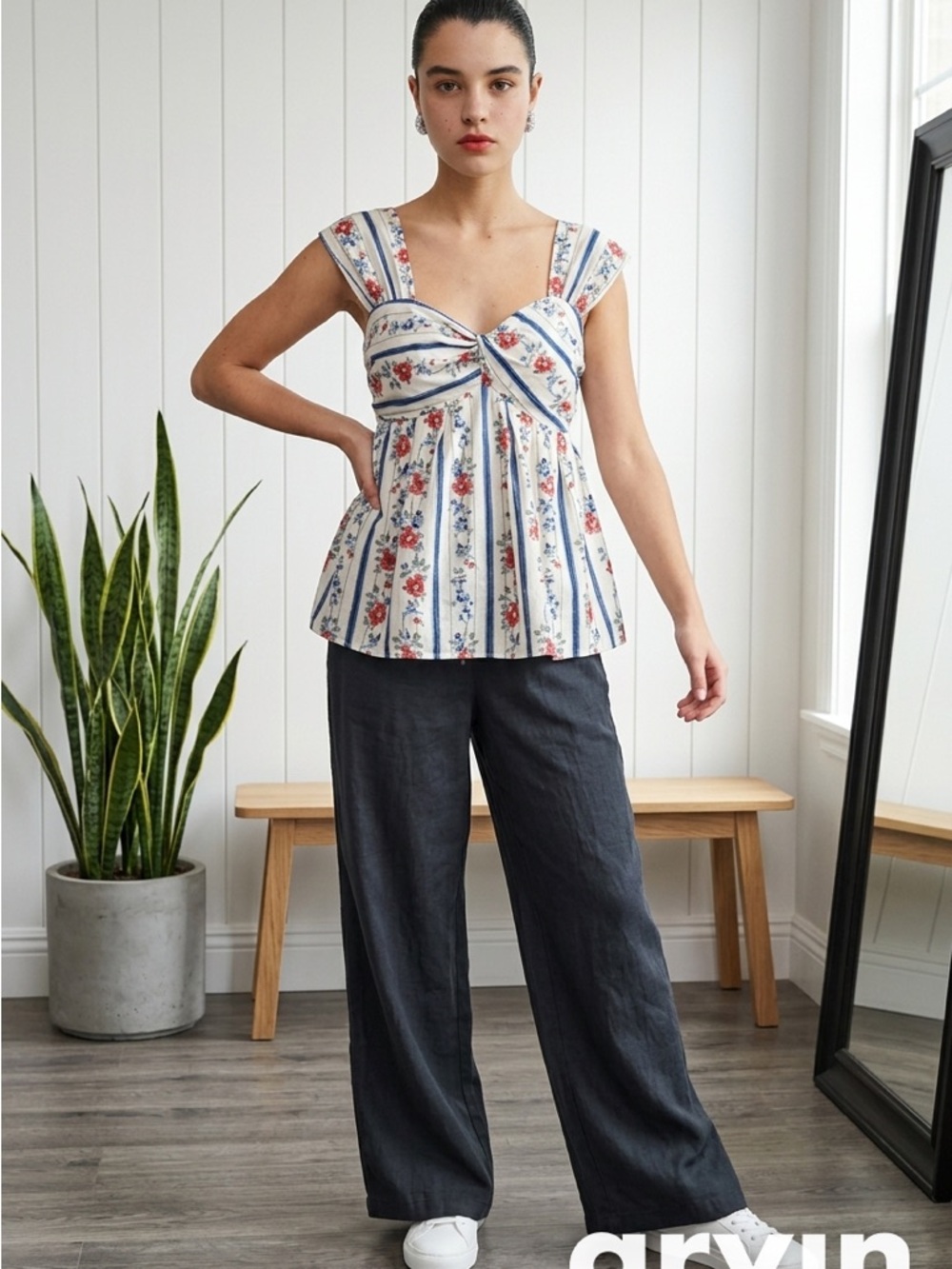 Floral Stripe Twist-Front Sleeveless Blouse - White/Blue/Red 2pc set